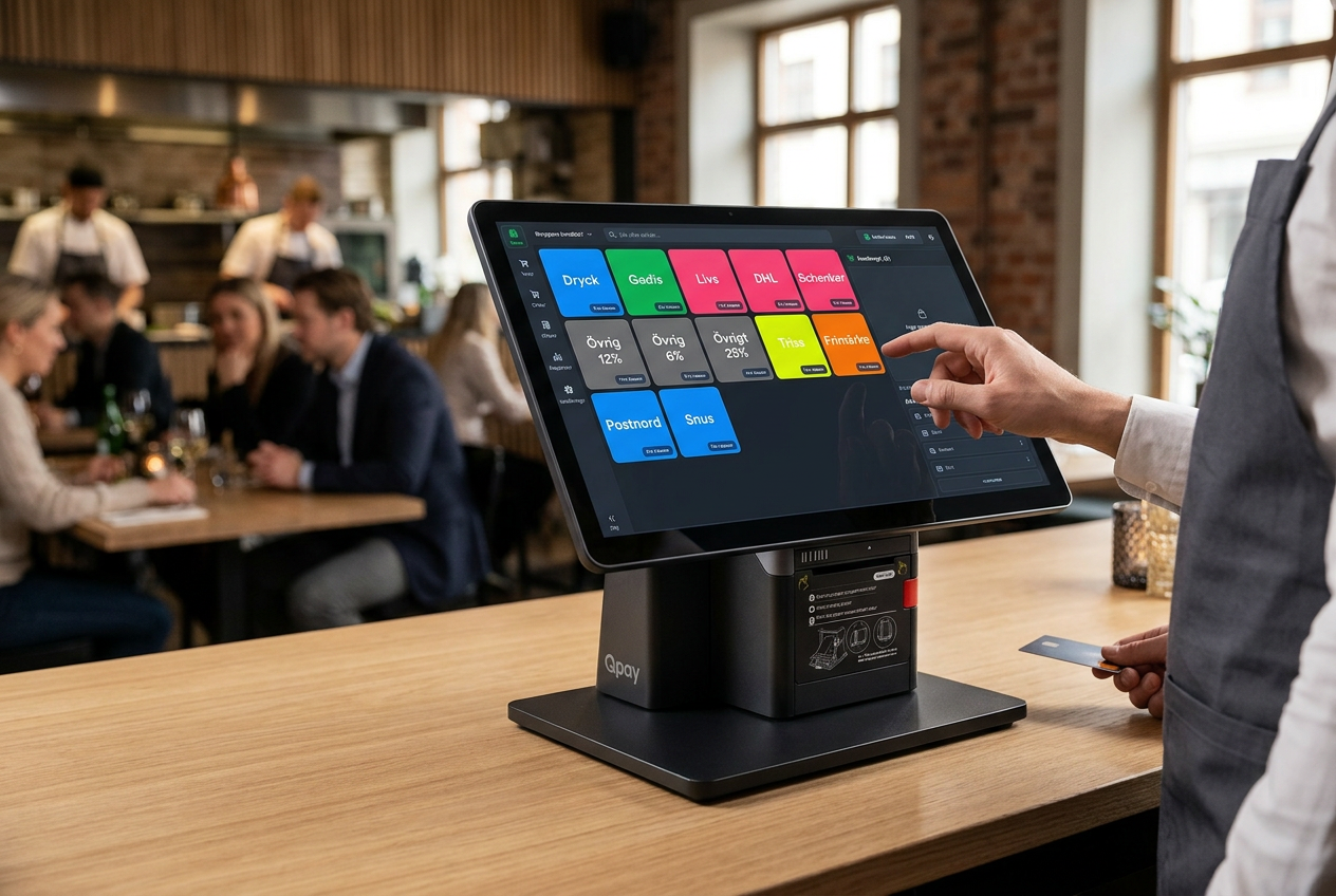 Qpay kassastation med pekskärm och integrerad kvittoskrivare på en restaurangdisk