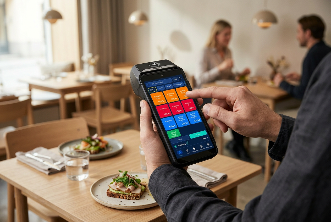 Qpay HandPOS som används för beställning vid ett restaurangbord