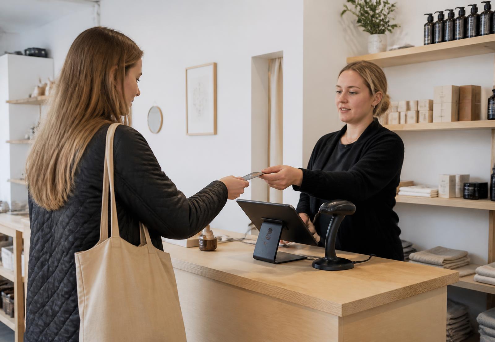 Butiksbiträde tar betalt i Qpay kassa vid en butiksdisk